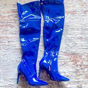 Guess Blue faux patent leather over the knee pointed stiletto heel boots